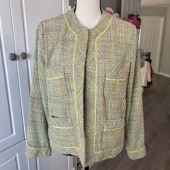 SilkLand Tweed Silk Blend Open Front Lined Blazer Jacket Multicolor Large - Picture 1 of 8